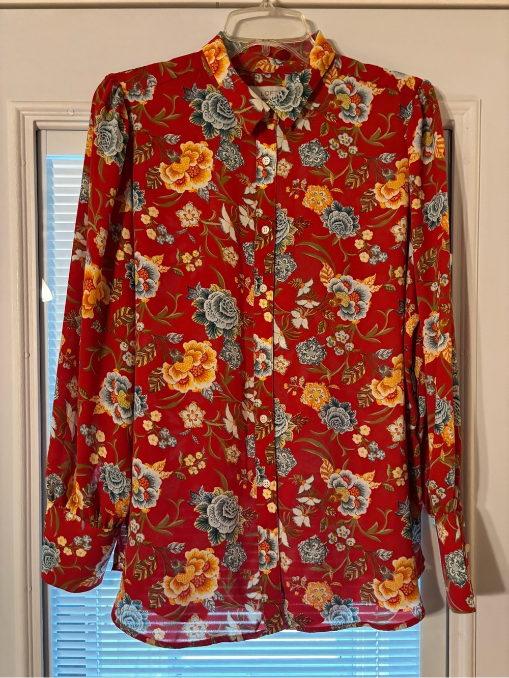 LOFT Red Floral Button-Up Blouse